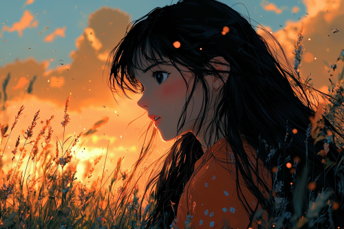 Asian girl with long black hair in beautiful nature.