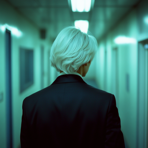 Asian man with white hair in broad-shouldered suit walking