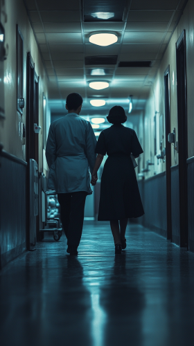 Asian parents walking in the hospital hallway at night.