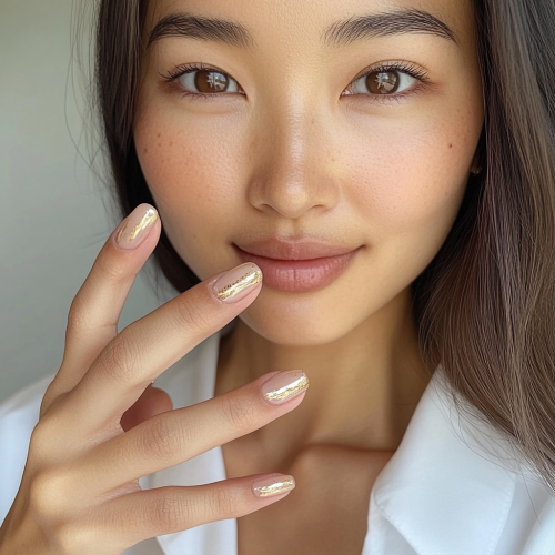 Asian woman showing new nails, gold accent line, neutral pink base, casual white top, candid photo. Asian woman showing new nails, gold accent line, neutral pink base, casual white top, candid photo.
