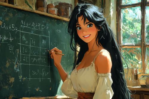 Asian woman with black hair happily writing on blackboard.