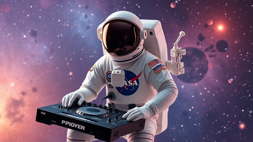 Astronaut DJing in Galaxy with Mario Outfit