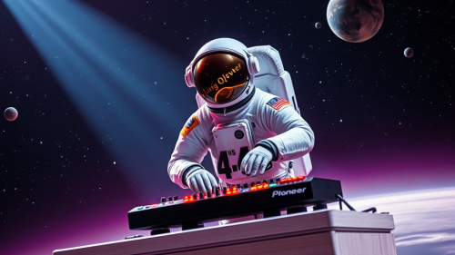 Astronaut Holding DJ Pioneer flx4 in Galaxy