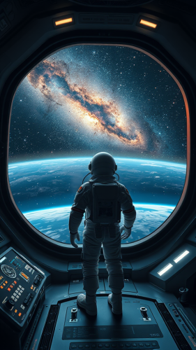 Astronaut Marvels at Universe from Futuristic Spaceship