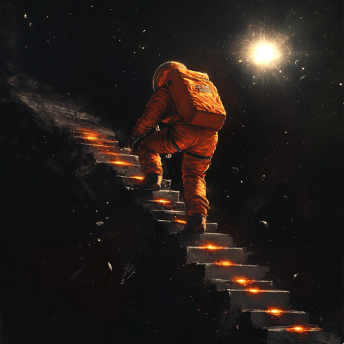 Astronaut climbs glowing steps towards star in space.  Astronaut climbs glowing steps towards star in space.