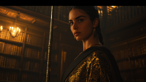 Athena's Thoughtful Stance in Shadowy Library