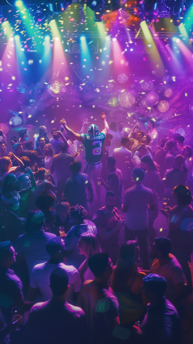 Athletes and politicians dancing together under colorful lights.