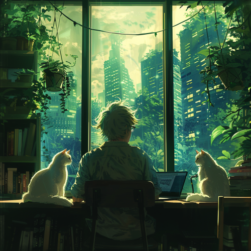 Athletic Man Working in Cozy Room with Futuristic View Athletic Man Working in Cozy Room with Futuristic View