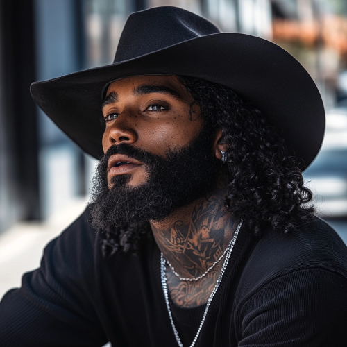 Athletic black man with dark skin, beard, tattoos.