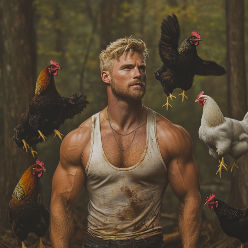 Athletic man with dogs and chickens in Georgia forest