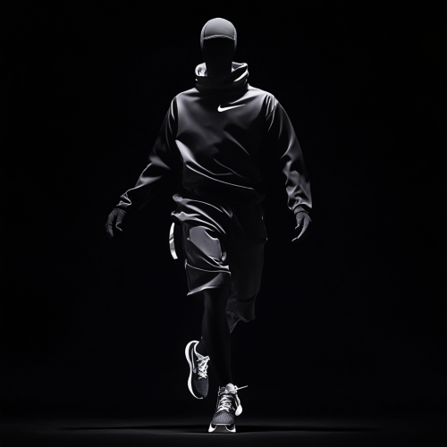 Athletic mannequin in Nike gear against black background.