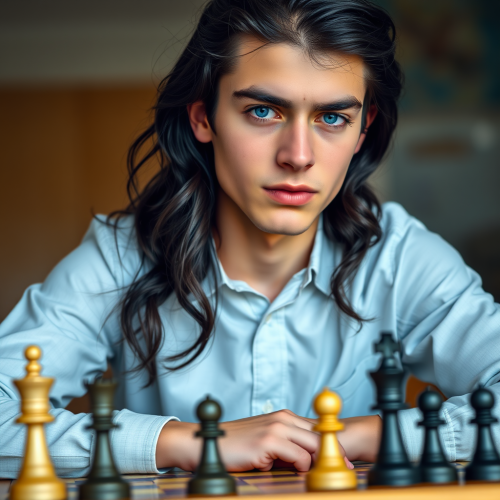 Attractive Young Man Playing Chess in School Shirt
