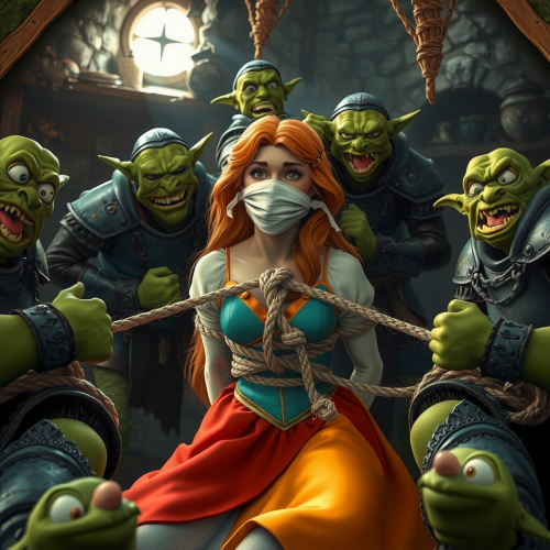 Aurora captured by evil goblins in medieval cottage.