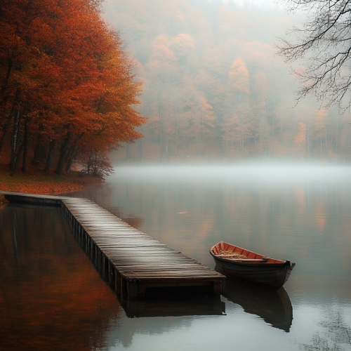 Autumn Morning Tranquility: Misty Lake Reflection