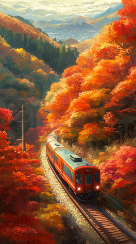Autumn Train Journey Through Colorful Mountains
