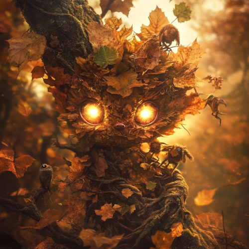 Autumn leaves forest spirit playing with woodland creatures, glowing. Autumn leaves forest spirit playing with woodland creatures, glowing.