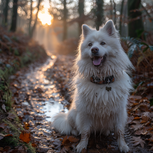 Autumn photo captures happy dog in forest setting. Autumn photo captures happy dog in forest setting.