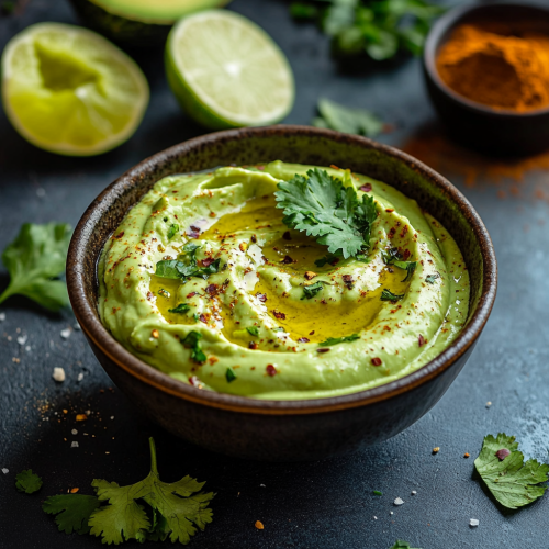 Avocado cream with herbs and spices in bowl
