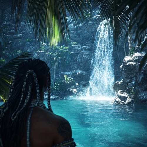 Aztec warrior discovers secret waterfall through palm leaves