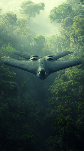 B-21 Raider flies low over jungle, penetrates defenses.