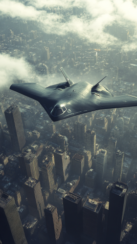 B-21 Raider flying undetected over enemy city.