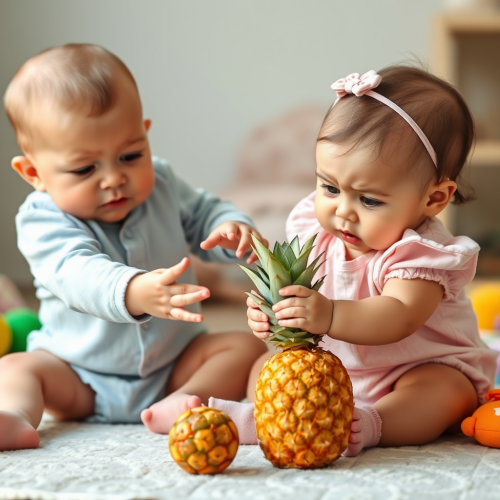 Babies Playfully Fighting Over a Pineapple
