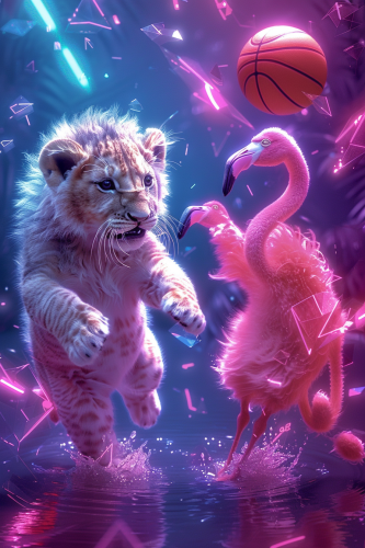 Baby Lion, Flamingo Basketball in Neon Geometric Surrealism