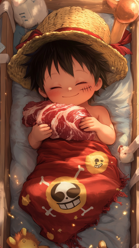 Baby Luffy in a cute 'uwu' style, sleeping peacefully.