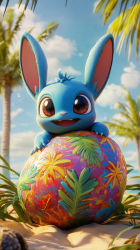 Baby Pokémon with Stitch traits hatching from tropical egg.