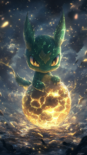 Baby Rayquaza emerges from cosmic egg, surrounded by stars. Baby Rayquaza emerges from cosmic egg, surrounded by stars.