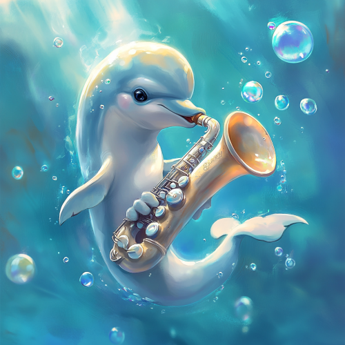Baby dolphin playing saxophone made of conch shell