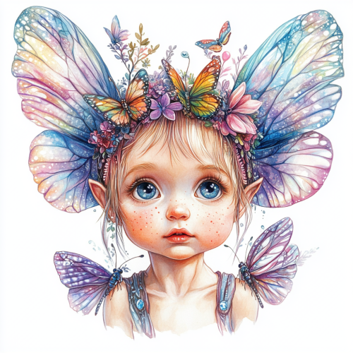 Baby fairy with butterfly headband, colorful wings, magical artwork.