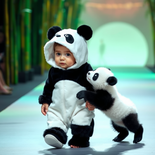 Baby in Panda Costume Walking with Panda Cub