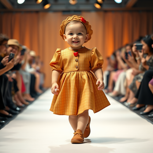 Baby walking confidently in apple pie-inspired outfit.