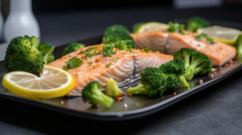 Baked salmon fillets with tender broccoli on modern plate