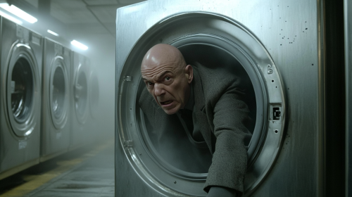 Bald Telly Savalas inside Spinning Washing Machine