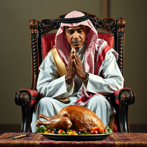 Barack Obama in Middle Eastern clothes praying over turkey
