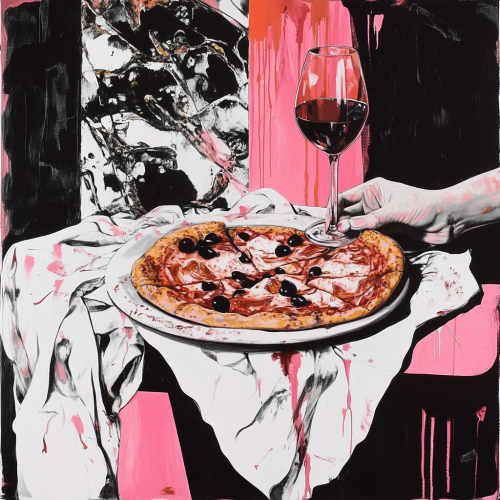 Basquiat style painting of table with draped cloth, pizza