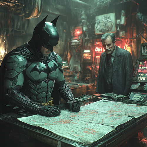 Batman and Alfred plan in dim hideout with gadgets.
