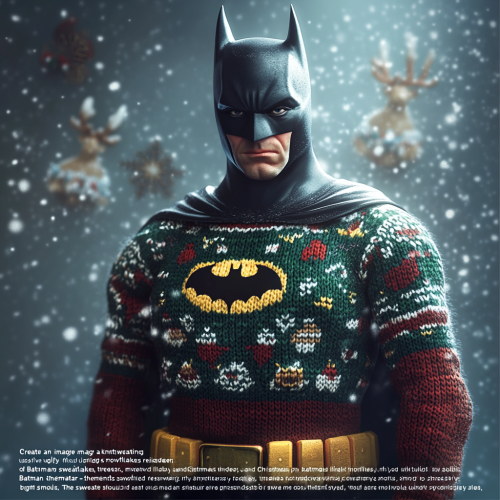 Batman in Colorful Christmas Sweater Standing in Snowy Scene