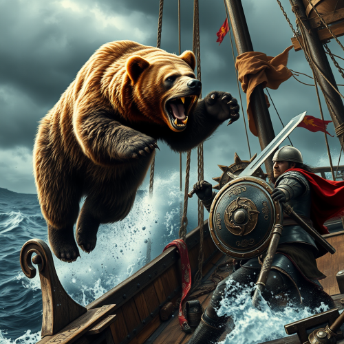 Bear Attacks Viking in a Stormy Sea