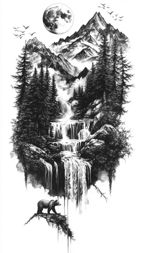 Tattoo Design of a Bear by waterfall among trees and mountains