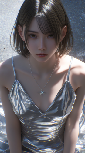 Beautiful Japanese girl in light metal dress anime style.