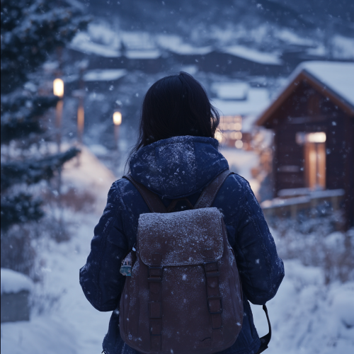 Beautiful Winter Scene of Korean Woman in Nordic Village