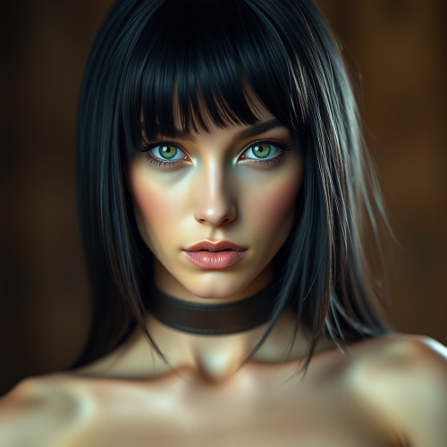Beautiful Woman with Green Eyes in Leather Collar
