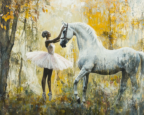 Beautiful ballerina and horse in Nordic autumn scene