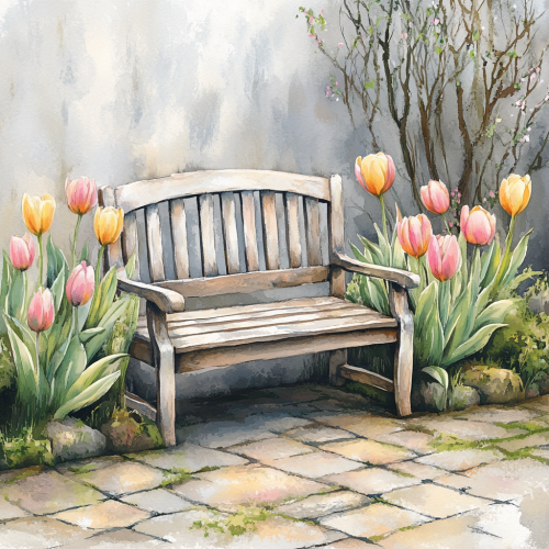 Beautiful bench in spring garden watercolor illustration Beautiful bench in spring garden watercolor illustration