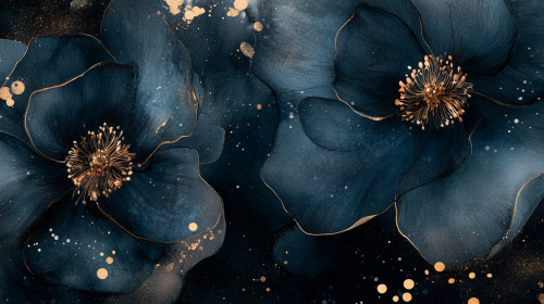 Beautiful big flowers with gold splashes on watercolor