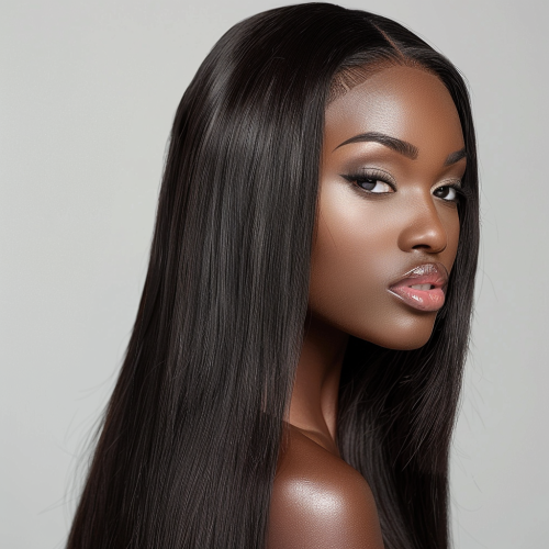 Beautiful black woman with long straight wig in studio