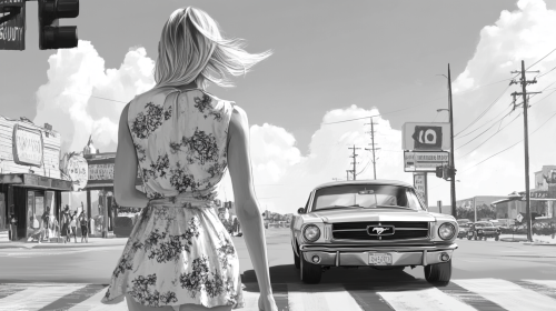 Beautiful blonde lady in dress walks towards retro car